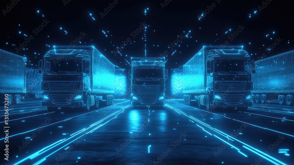 Poster glowing blue lines and abstract network design forming a digital representation of trucks on the mov