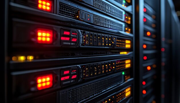 Server rack lights illuminate dark data center