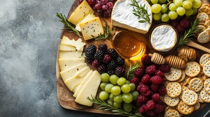 Elegant cheese spread with fresh fruit, crackers, and a drizzle of honey, overhead shot