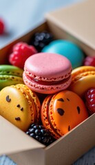 Fototapeta premium A close-up shot of colorful macarons with fresh raspberries and blackberries nestled in a simple cardboard box, suggesting a delightful treat ready for gifting or enjoying.