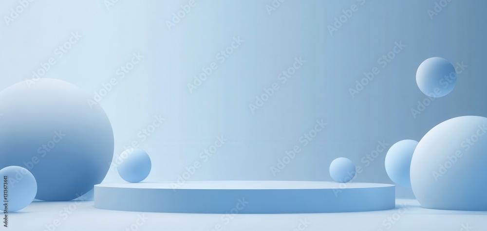 Poster soft blue background with floating spheres and a circular platform for product display or creative p