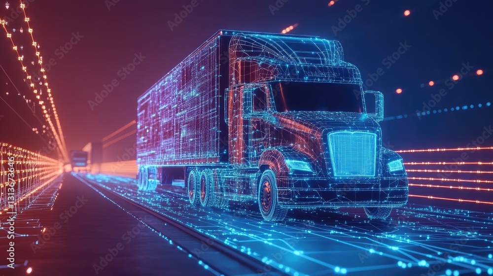 Poster High-tech abstract digital network for futuristic truck transportation, featuring glowing blue lines, data mesh, and interconnected nodes creating a modern tech environment.