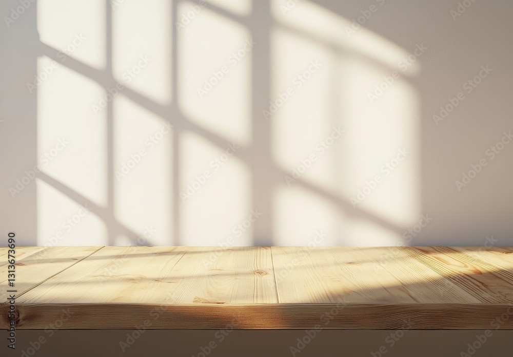 Poster natural light and shadow play on wooden surface against a simple background creating a calm and invi