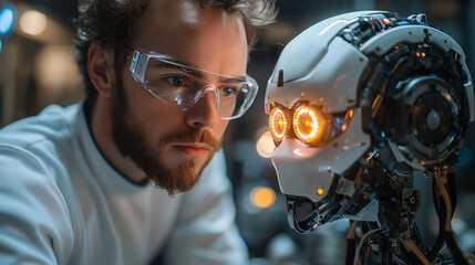 Fototapeta premium Focused engineer meticulously examining a complex robotic mechanism showcasing advanced technology and innovation in artificial intelligence