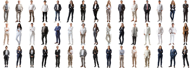 Many business people set isolated background, casual formal attire wear, full body length, networking mixed different diversed businesspeople, happy male female, successful career, crisp edges style