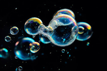 Close-up colorful soap bubbles on a black background