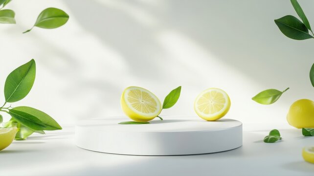 Elegant summer product display with lemon slices and green leaves. Generative AI