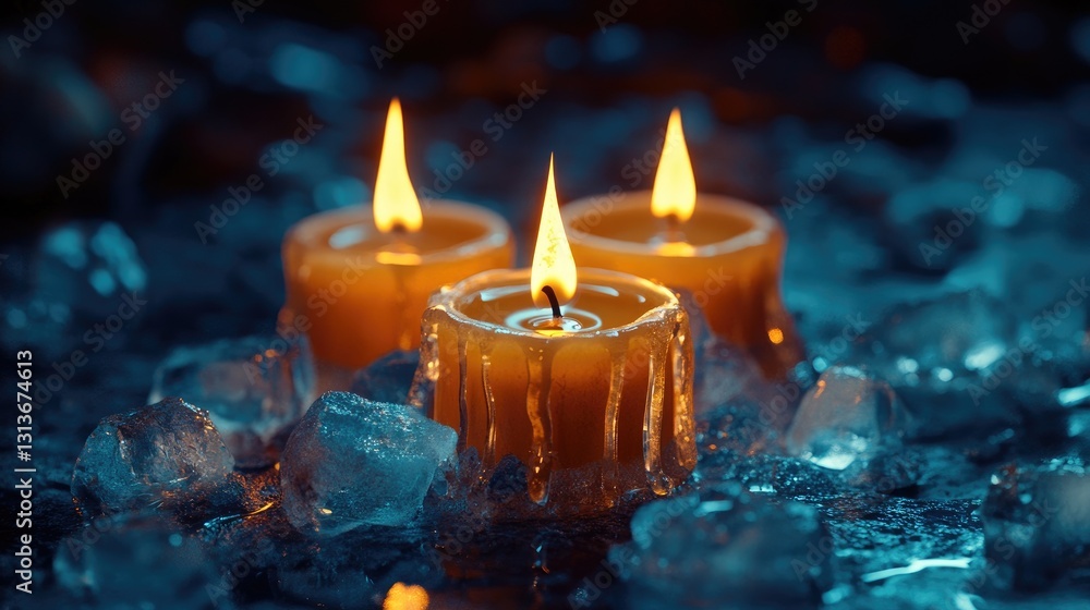 Aufkleber melting candles with wax dripping down, surrounded by ice cubes in a dark, moody setting, creating a