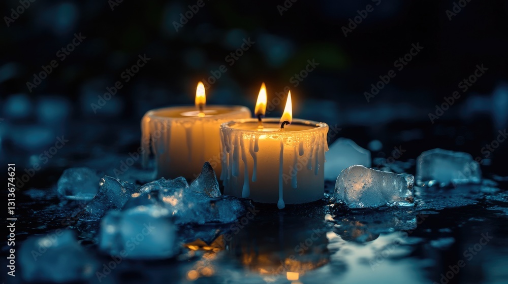 Poster Melting candles with wax dripping down, surrounded by ice cubes in a dark, moody setting, creating a contrasting visual.