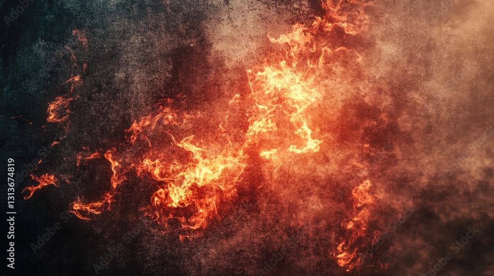 Poster realistic fire and smoke curling around a blank concrete backdrop, creating a fiery, intense atmosph