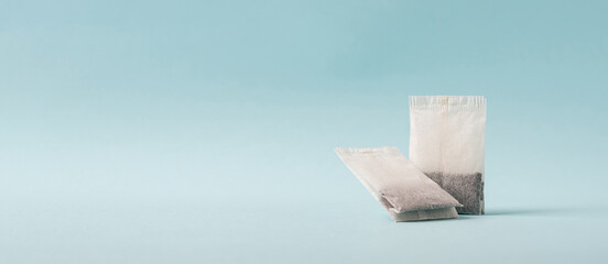 Top view of tea bag on blue background