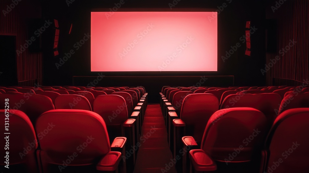 Poster Rows of empty red cinema seats in front of a blank movie screen, creating a calm, empty atmosphere waiting for the next show.