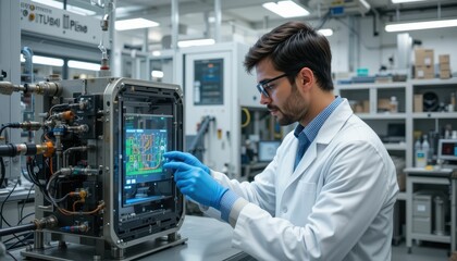 Engineer Analyzing Circuit Board in High-Tech Laboratory Setting
