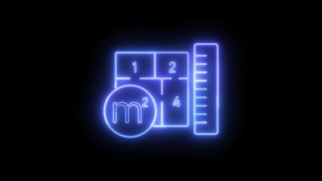 Icons animate a Neon blue ruler and floor plan with a square meter symbol, ideal for architecture, engineering, construction, interior design content.