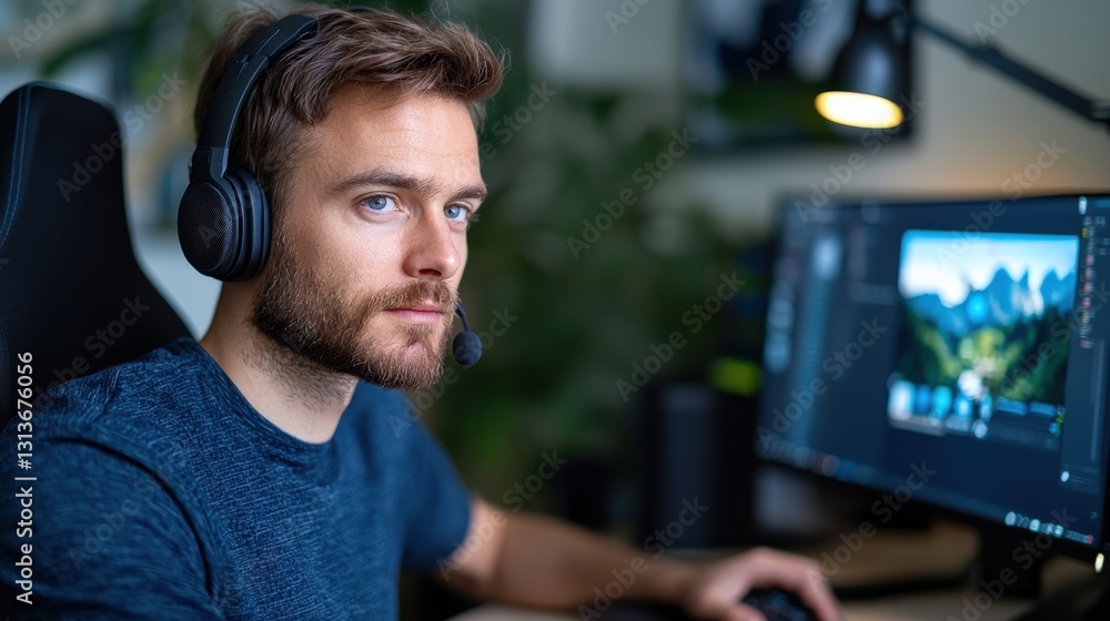 Aufkleber focused man with headset working on a computer.