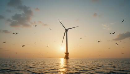 Serene Sunset Over Wind Turbine in Calm Ocean Waters