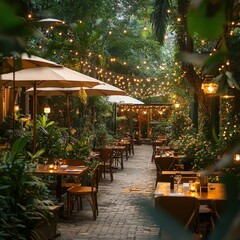 Charming outdoor dining area with lights.