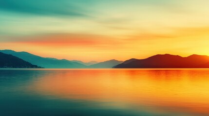 Fototapeta premium Serene sunset over mountains reflected in calm water.