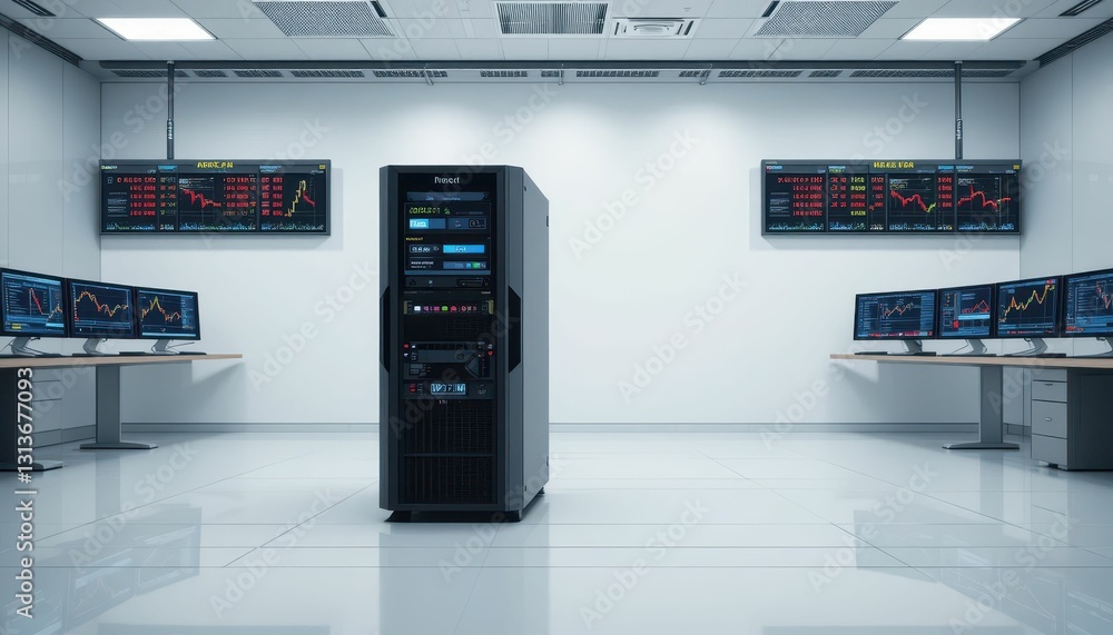 Aufkleber high-tech data center with server rack and trading monitors