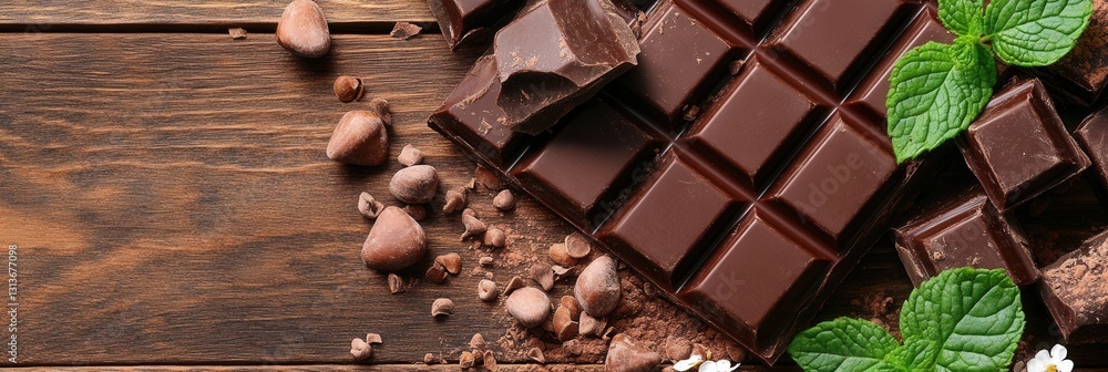 Poster dark chocolate pieces arranged elegantly on a rustic wooden table with mint leaves and nuts beautifu