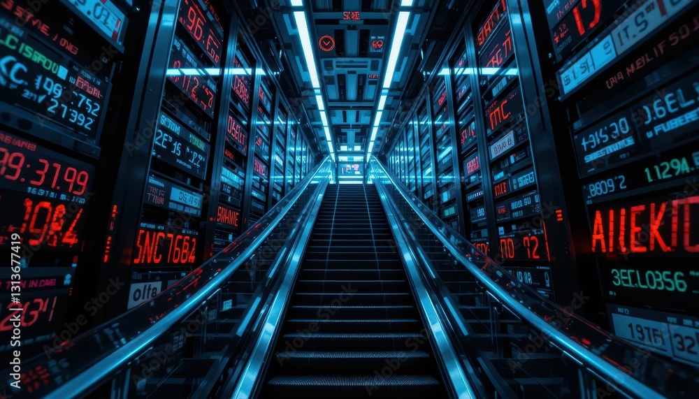 Poster futuristic data tunnel with neon lights and digital displays