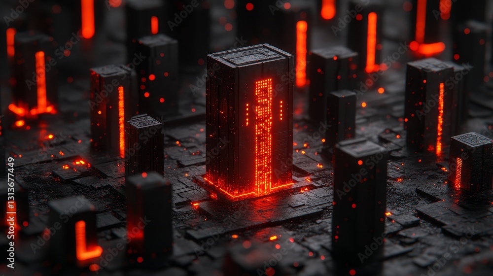 Aufkleber inferno gridscape, a high-contrast abstract depiction of glowing structures in a futuristic dark env