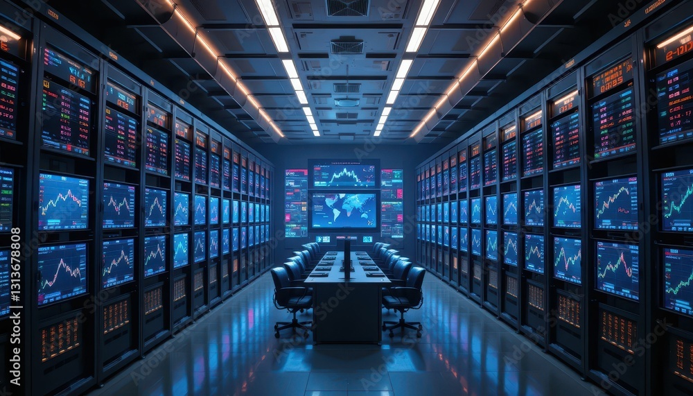 Poster high-tech trading room with multiple graphs and monitors displayed