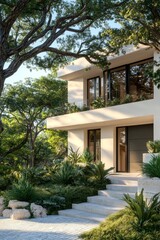 Fototapeta premium Modern Minimalist Home with Lush Landscaping and a Bright, Earthy Design, 3D Rendering