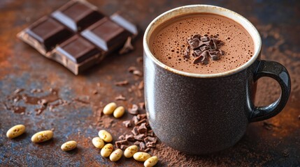 Fototapeta premium Cozy cup of hot chocolate made with creamy soy milk for a comforting beverage experience captured in realistic style