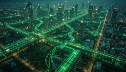 Obraz premium Futuristic Cityscape with Neon Green Transportation Network at Night