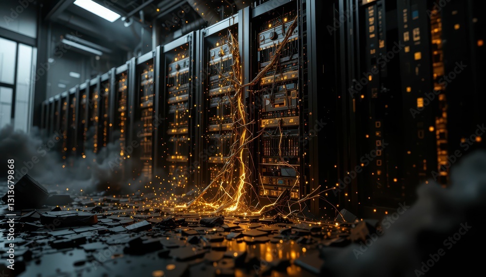 Poster futuristic data center with sparks and cloud effects in background