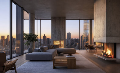 modern living room with concrete walls, large windows, and stunning city view at sunset. cozy fireplace adds warmth to stylish interior design