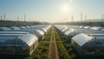 Expansive Greenhouse Landscape Under Bright Morning Sunlight