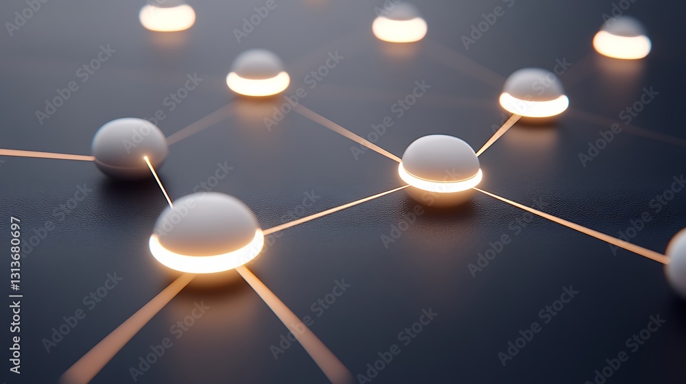 Poster interconnected glowing nodes on dark surface for network visualization