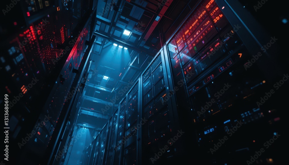 Poster futuristic data center with bright led lights and server racks