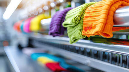 Colorful knitted fabrics on industrial textile production line, showcasing vibrant hues and detailed textures in modern factory setting