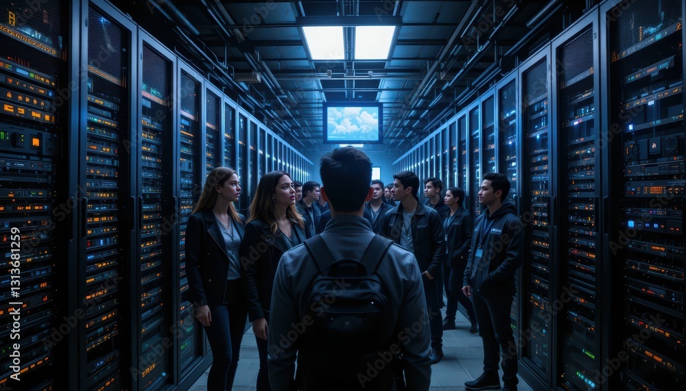 Poster group of professionals in data center with modern technology setup