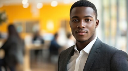 Fototapeta premium A young African American man poses confidently in a professional setting. His stylish appearance and engaging expression create a positive atmosphere, reflecting modern diversity and professionalism.