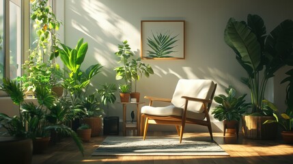Fototapeta premium Cozy sunlit living room with indoor plants and wooden chair