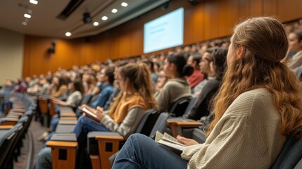 Diverse audience of young adults in university lecture hall attending a presentation
