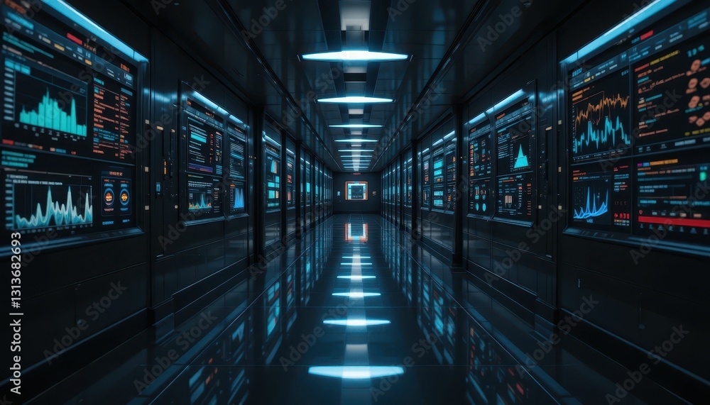 Poster futuristic data center corridor with digital screens and neon lights