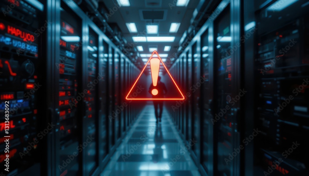Poster red alert sign inside data center with servers and technology background