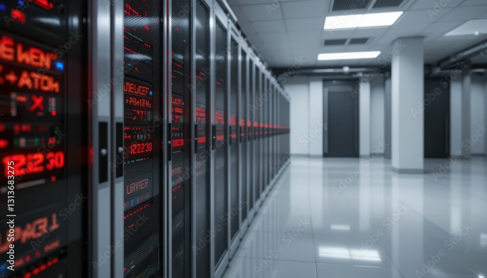 Poster modern data center with sleek server racks and illuminated displays
