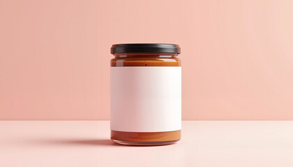 A stylish small food jar mockup with a blank label, set against a soft pink background. Ideal for branding honey, jam, sauces, or organic products, with a high-end and minimalist design.