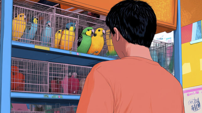 young boy observes colorful parakeets in cages at pet store, showcasing vibrant array of birds. scene captures moment of curiosity and wonder