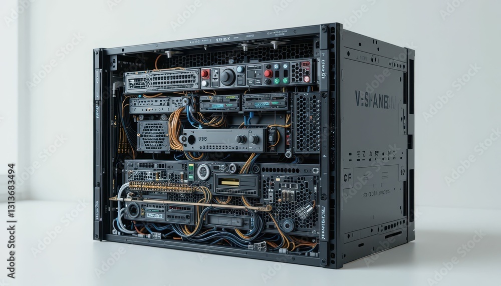 Aufkleber high-tech rack with network equipment and intricate wiring display