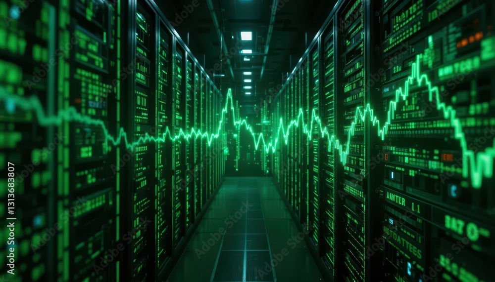 Poster high-tech data center with green digital wave and server racks