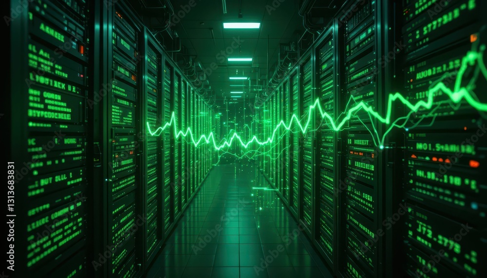 Poster green data visualization in high-tech server room with cables