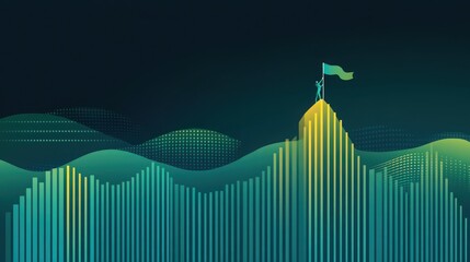 Stock market trend graph transformed into a mountain with a flag on top, symbolizing the way to a successful financial investment strategy. Vector illustration of financial investment analysis report.