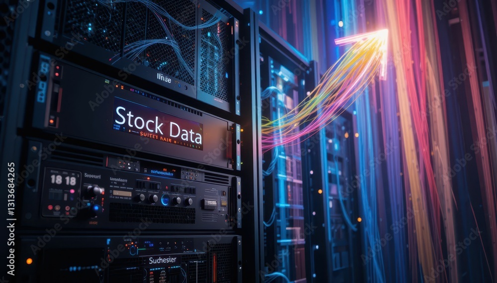 Poster digital server room with flowing data streams and stock data display
